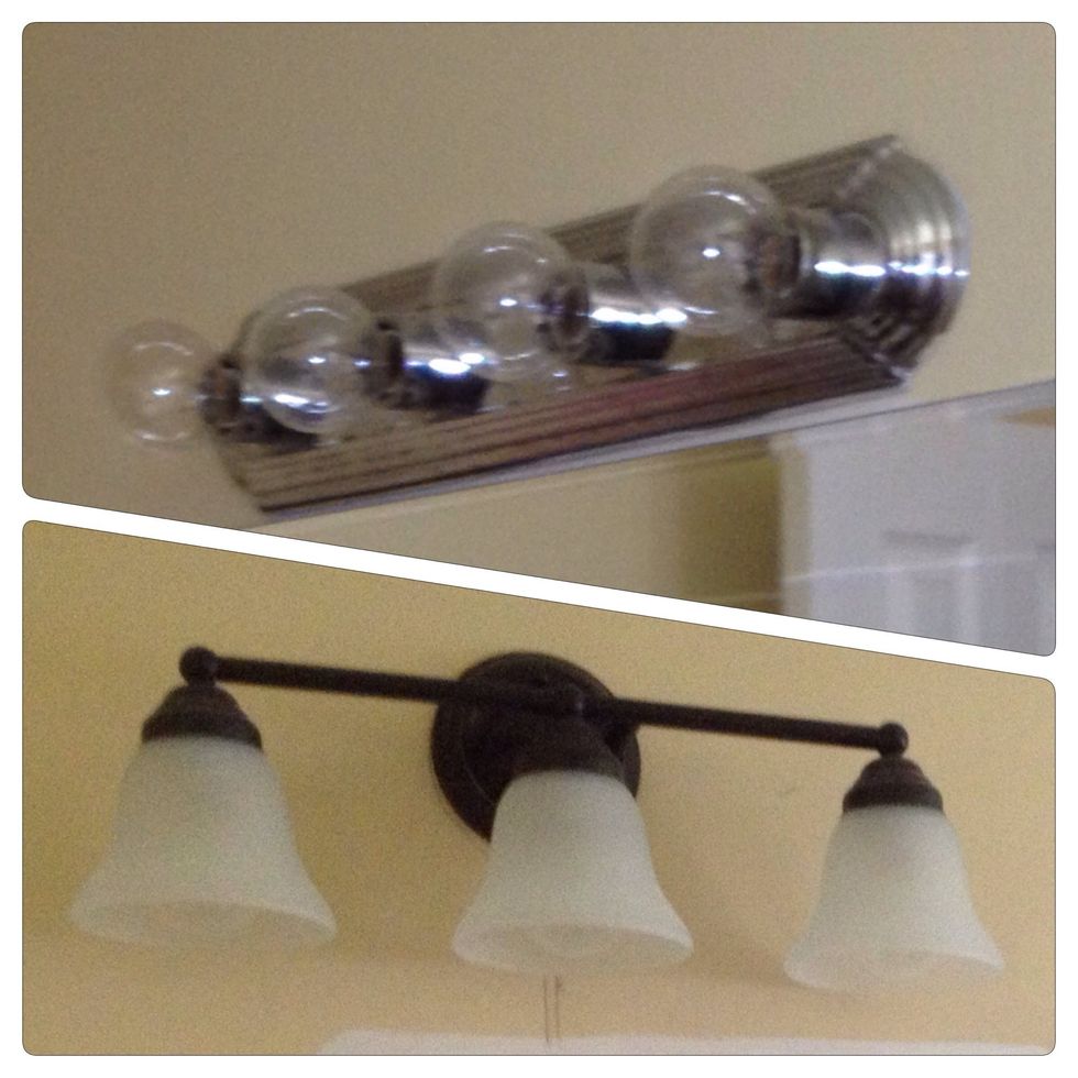 Have someone hold the fixture, while you unscrew it from the wall if the wires are too short for you to rest the fixture on the ground or cabinets.  Everything is easier with an extra set of hands.