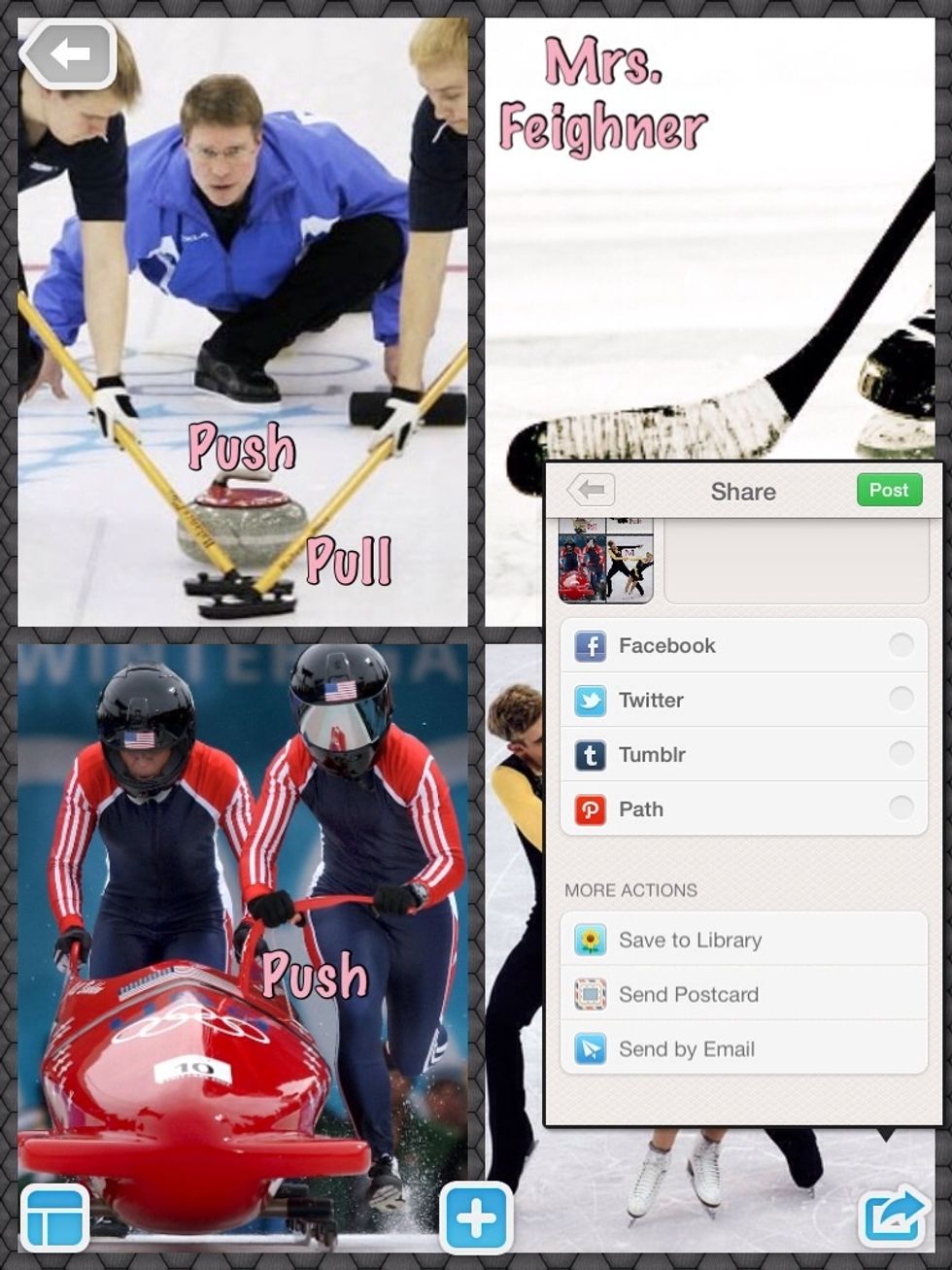 Have students tap the share box at the bottom right of the screen and select Save to Library. This will save the collage to the iPad's camera roll.