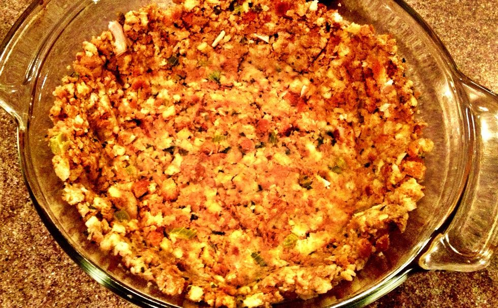 Have stuffing? Put it in a 3qt casserole dish. Use your hands to press it firmly to the bottom & sides. Bake at 425*F for appx 15 mins - depending on stuffing moisture. You want a nice golden brown.
