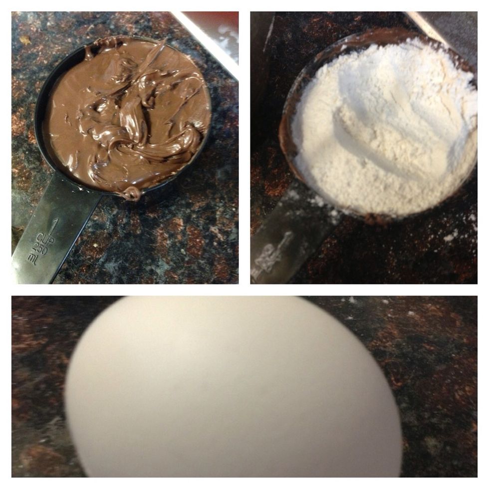 Have your 1 cup of Nutella and flour and egg ready to mix. Before mixing pre heat oven on 350'F.