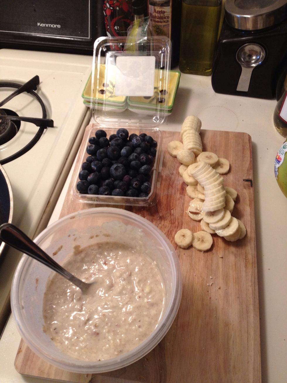 Have your bananas and blueberries handy for making the pancakes.