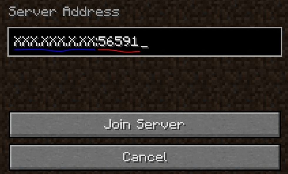 Have your friends go to Multiplayer > Direct Connect to get to this screen. Enter the address as follows: the host's IP (blue), then a colon ":" and lastly, the port received by the host (red).