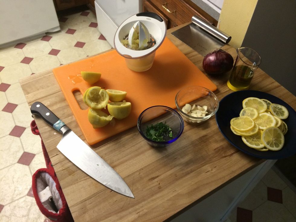 Have your lemons squeezed, sliced, and juiced...and be sure to prep the other veg!
