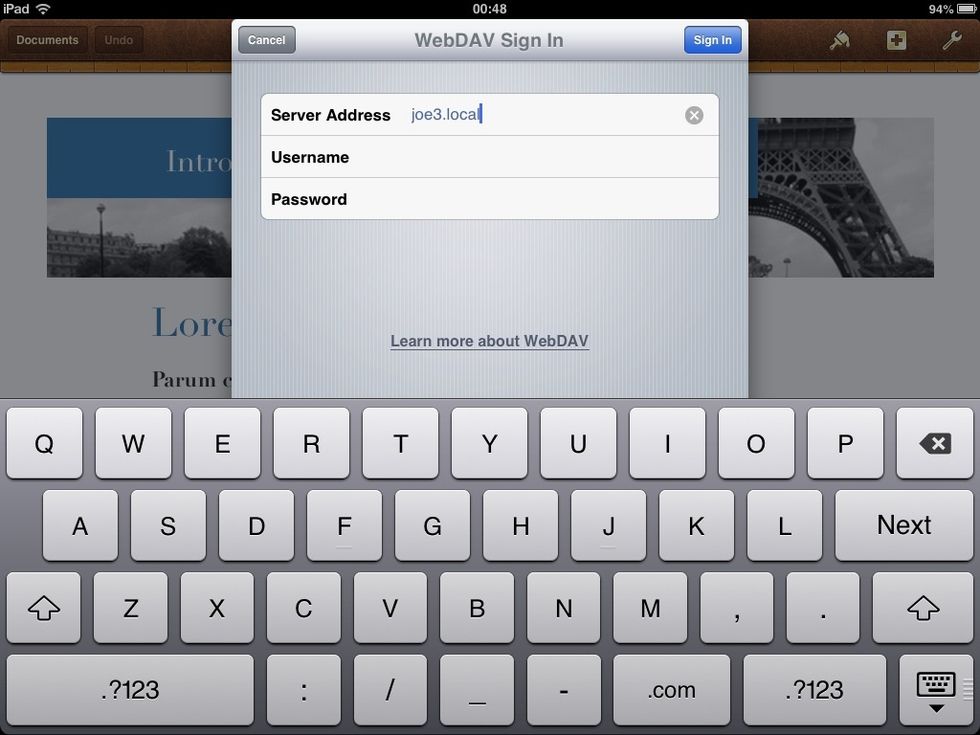 Having entered the server address (in this example the teacher's iPad name is joe3) students tap Sign In to connect to the teacher's iPad . (An iPads name is found in Settings > General > About).