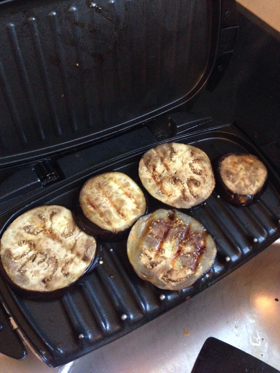 Healthier eggplant burgers! I sprayed the eggplant with cooking oil spray to save calories.