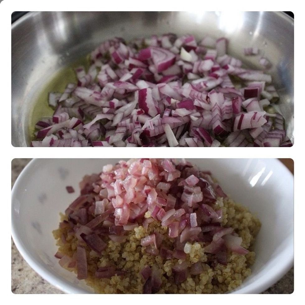 Heat 1 tablespoon of extra virgin olive oil or coconut oil over low to medium heat, add chopped red onion, then cook for 5 minutes to soften. Transfer cooked onion to quinoa in a large bowl.