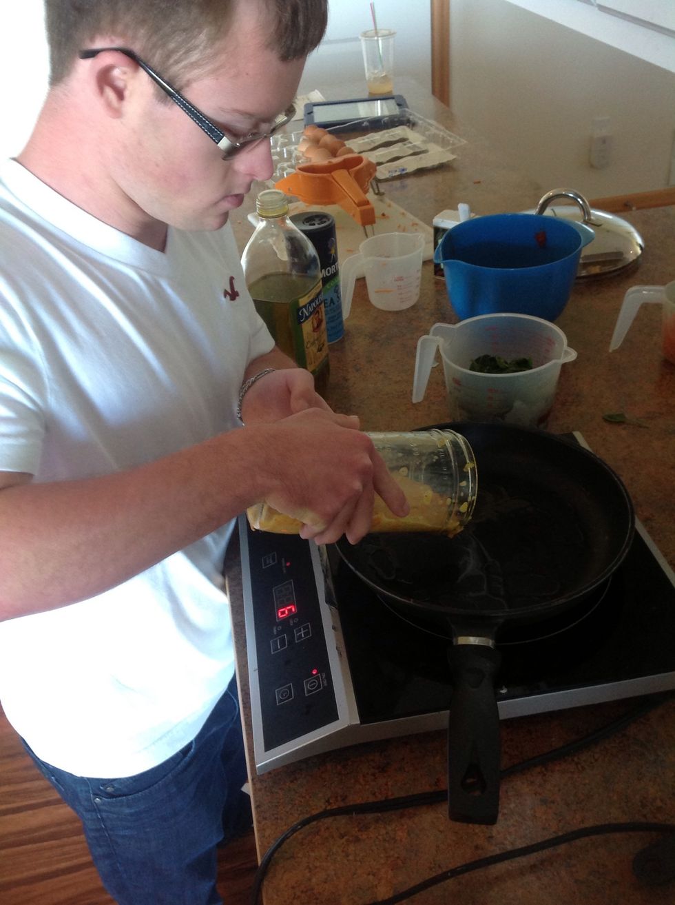 Heat 1 tsp oil in skillet over medium heat then add egg mixture. Do not flip the egg, allow egg to set (will look similar to pancake)