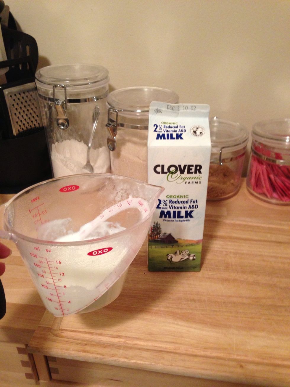 Heat 2/3 cup of milk. (I put this on for ~1 min)