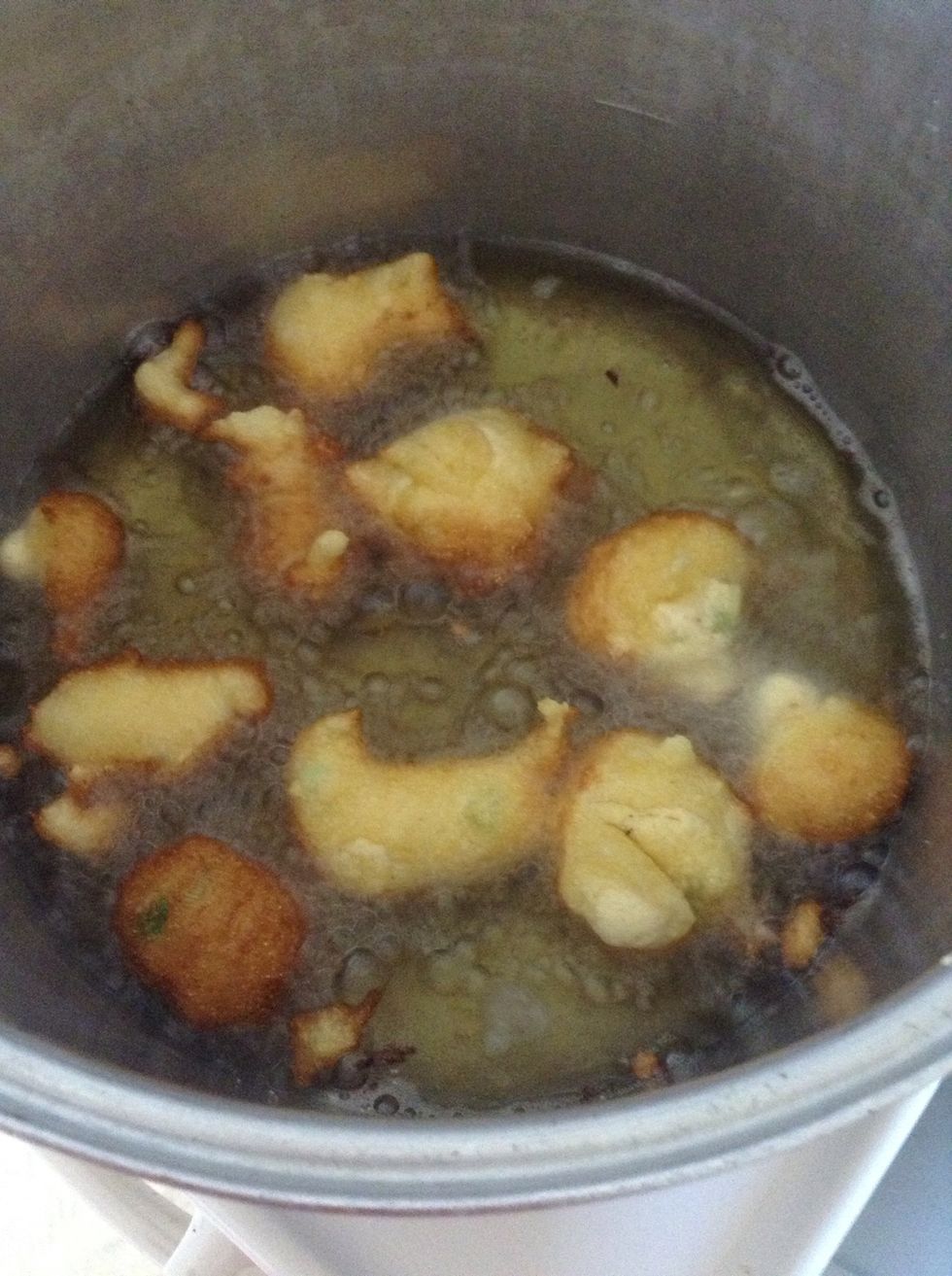 Heat 2-3 inches oil in a heavy pot. Best to use a thermometer & bring the temperature of the oil to 375\u00b0F. Drop the batter by the tablespoon into oil. When golden, flip & cook until golden all over.