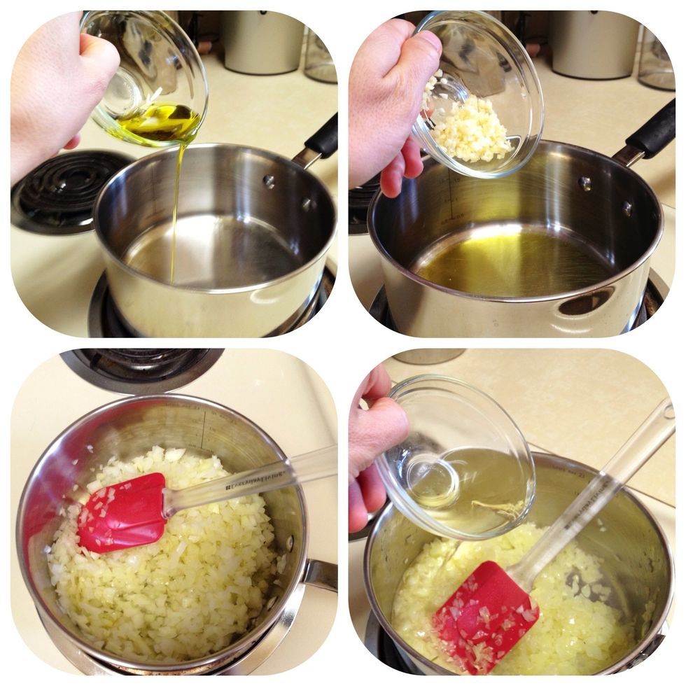 Heat 2 tbls oil on medium heat. Then add garlic and onions. Cook 5-10 minutes until soft and translucent. Then add white wine and cook 5 minutes on medium.