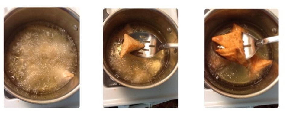 Heat 4 cups of oil for deep frying. When ready, drop a few samosas at a time. Remove from oil when golden brown and place on a paper towel covered plate.