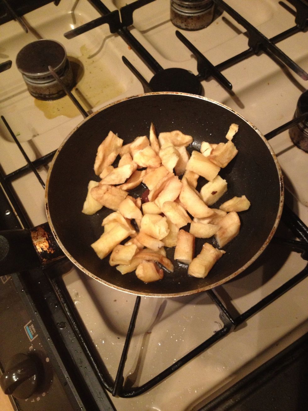 Heat a big drizzle of vegetable oil and throw in the chips for 30 seconds or so.