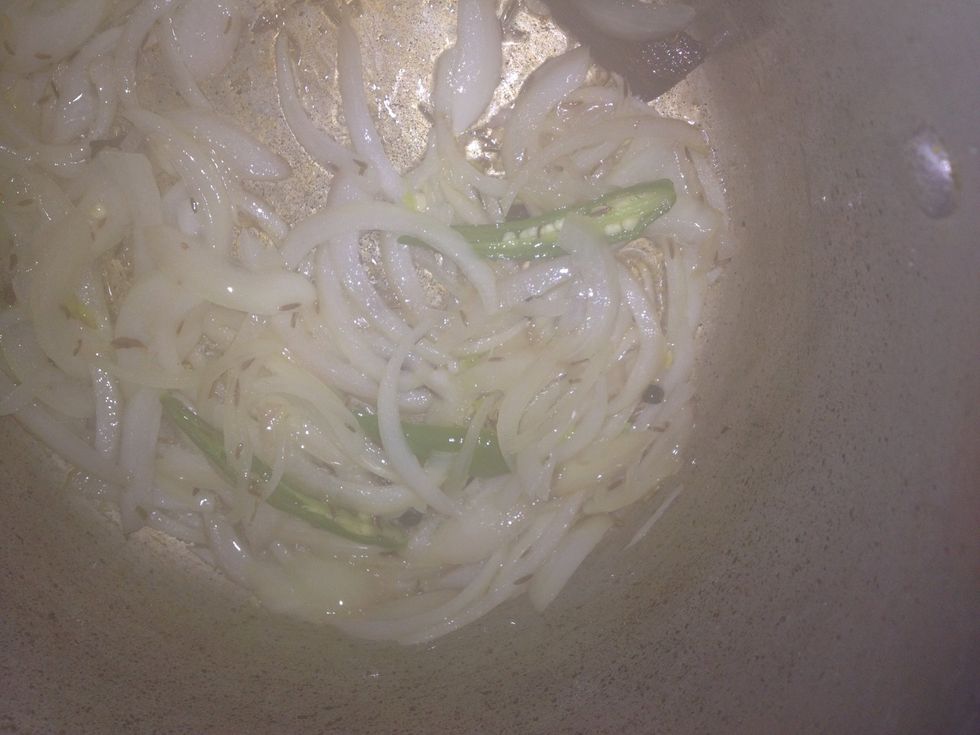 Heat a pressure cooker add oil, cinnamon, cloves, peppercorns saut\u00e9 for a few seconds and then add onions & chillis ( sorry abut the smoke) once these start turning pink add ginger and garlic paste.