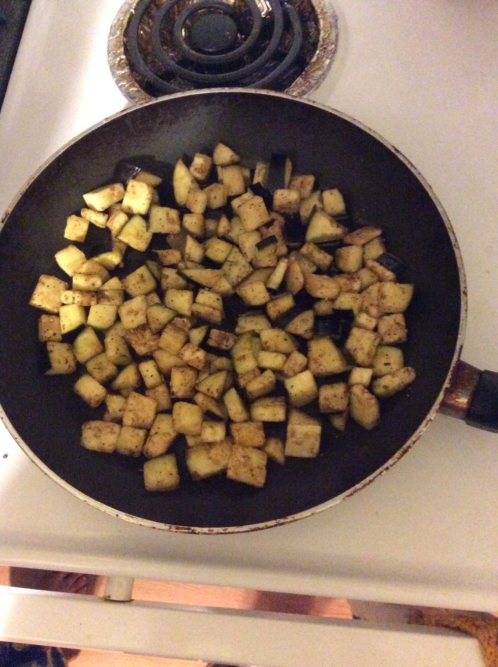 Heat a splash of olive oil in large frying pan over medium heat. When hot, add the eggplants in a single layer and fry for 5-8 minutes, or until softened and golden.