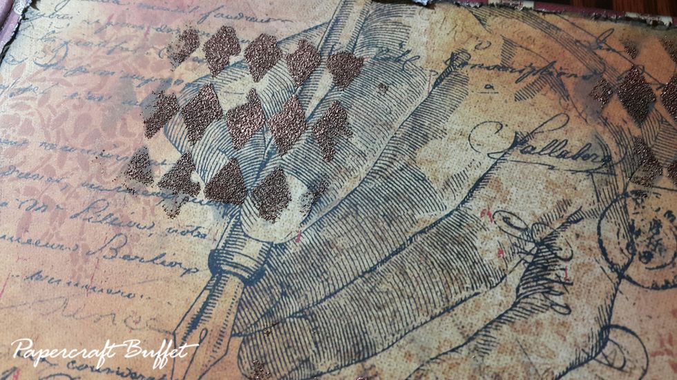 Heat emboss patterns on with stencils.