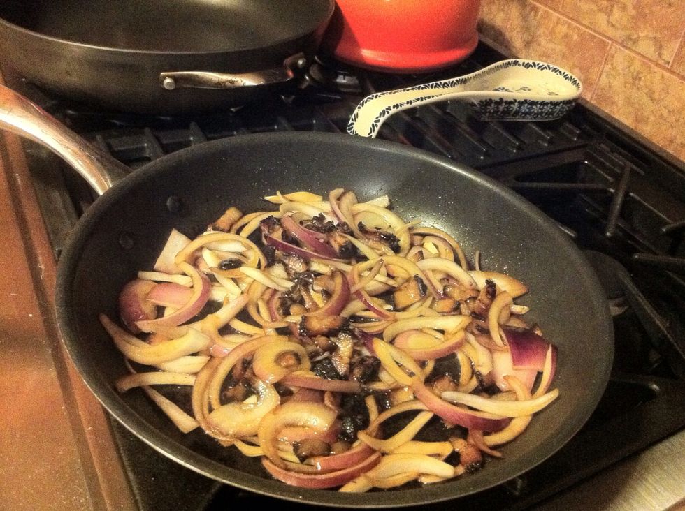 Heat fry pan over medium heat. Stack bacon and slice into 1/4 inch pieces. Cook until fat starts to render. Add onion and cook until soft.