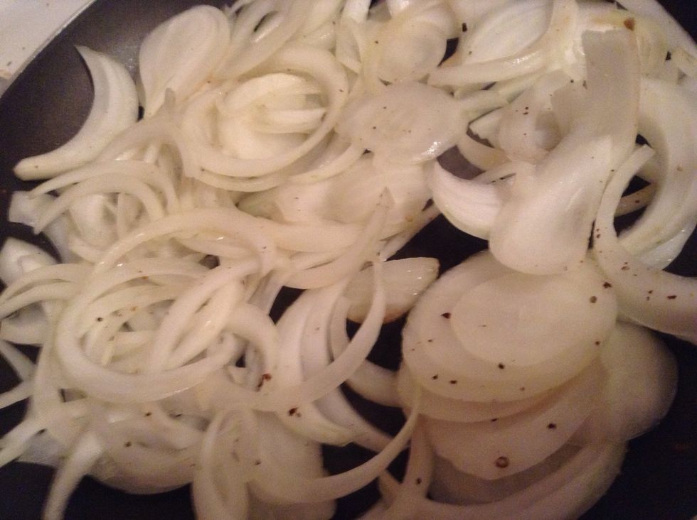Heat oil in pan used to cook mushrooms then add onion -- add salt and pepper
