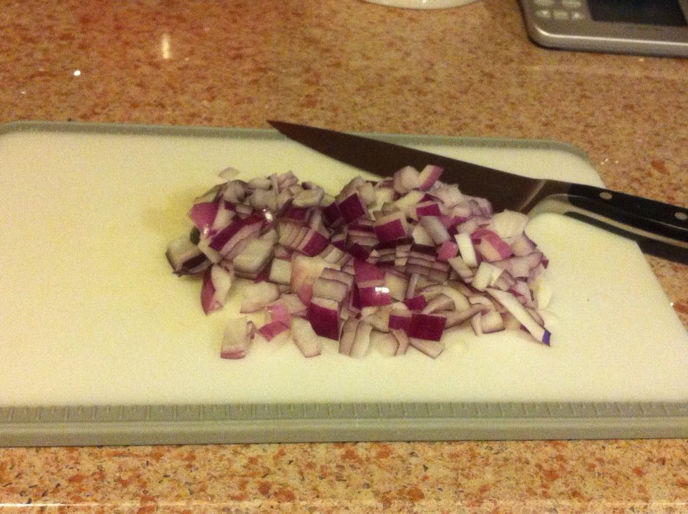 Heat olive oil in large pot. Dice onion, add to pot, saut\u00e9 until soft.