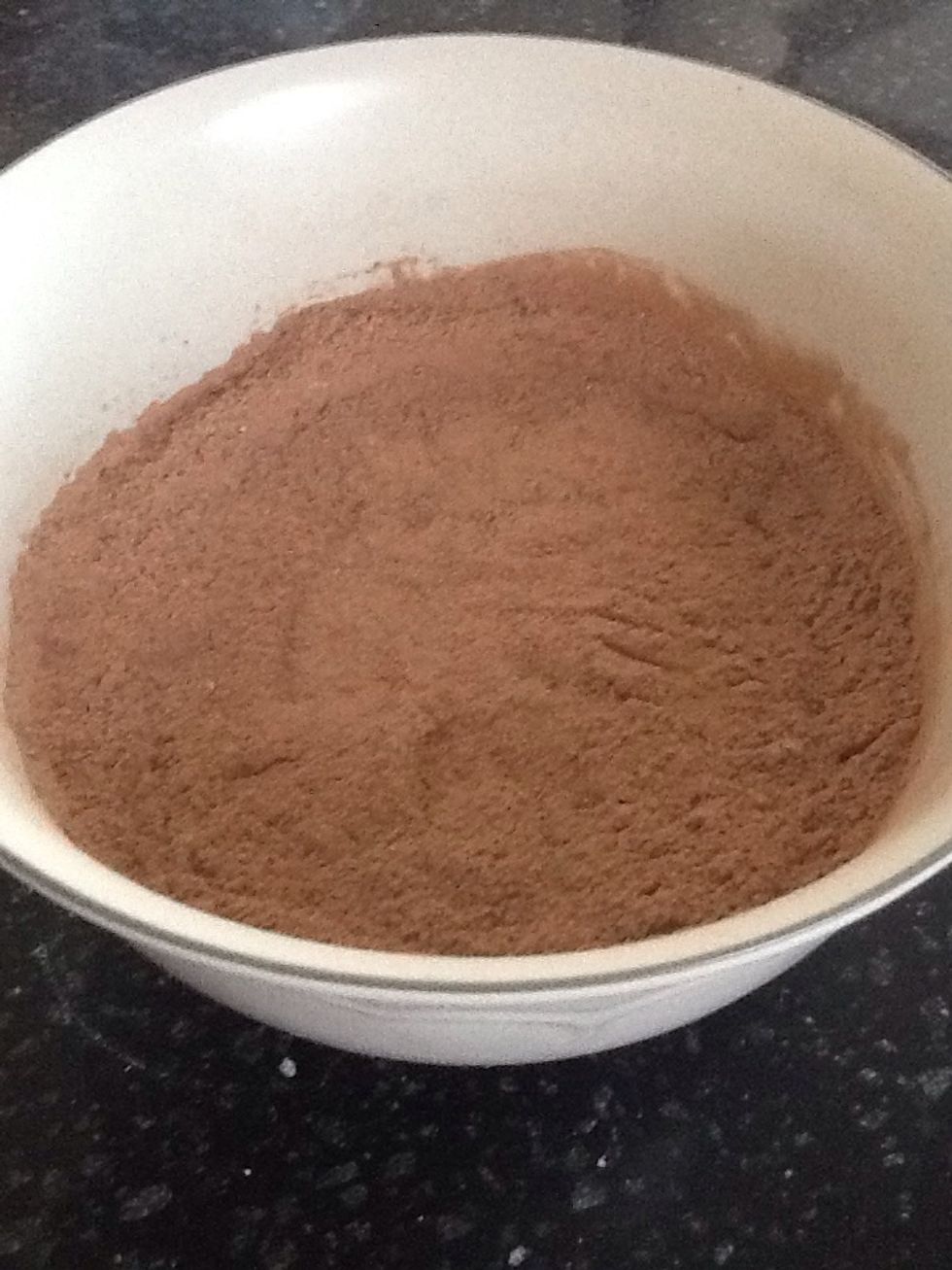 Heat oven to 350 degrees Fahrenheit. Whisk together flour, cocoa, baking powder, baking soda, and salt until well combined.