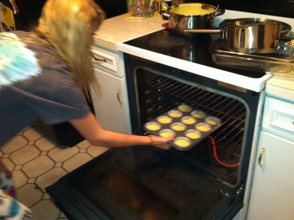 Heat oven to 350. Put cupcakes in oven for about 15 minutes depending on how your oven cooks