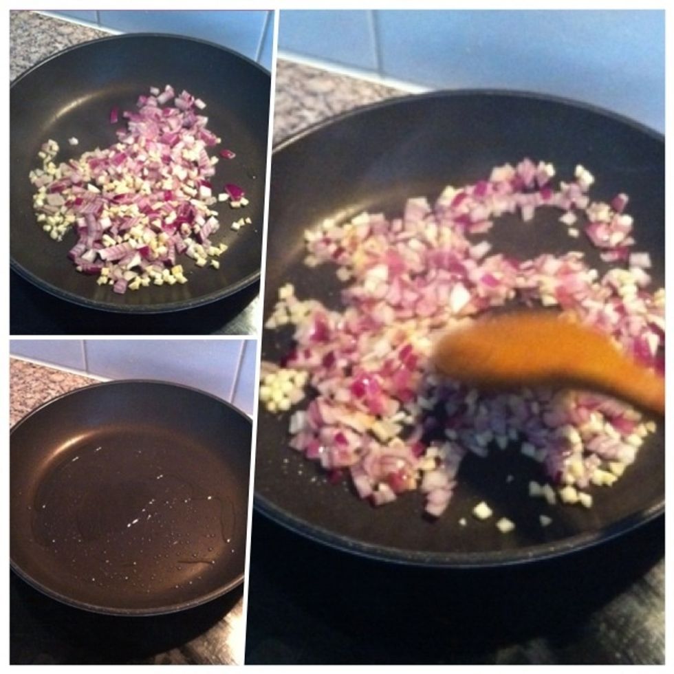 Heat pan and add olive oil. When oil is getting hot add onions and garlic. Stir well... keep stirring until onions and garlic are turning gold brown.