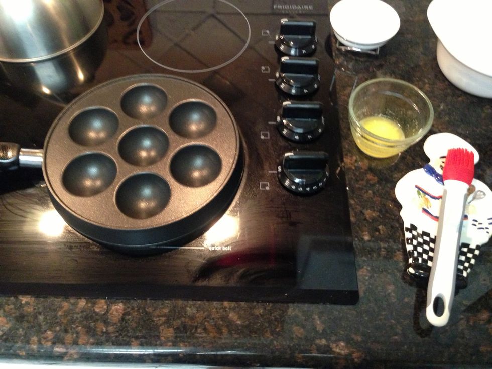 Heat pan on low/medium heat. Have melted butter and pastry brush ready to cost each well in pan with some butter.