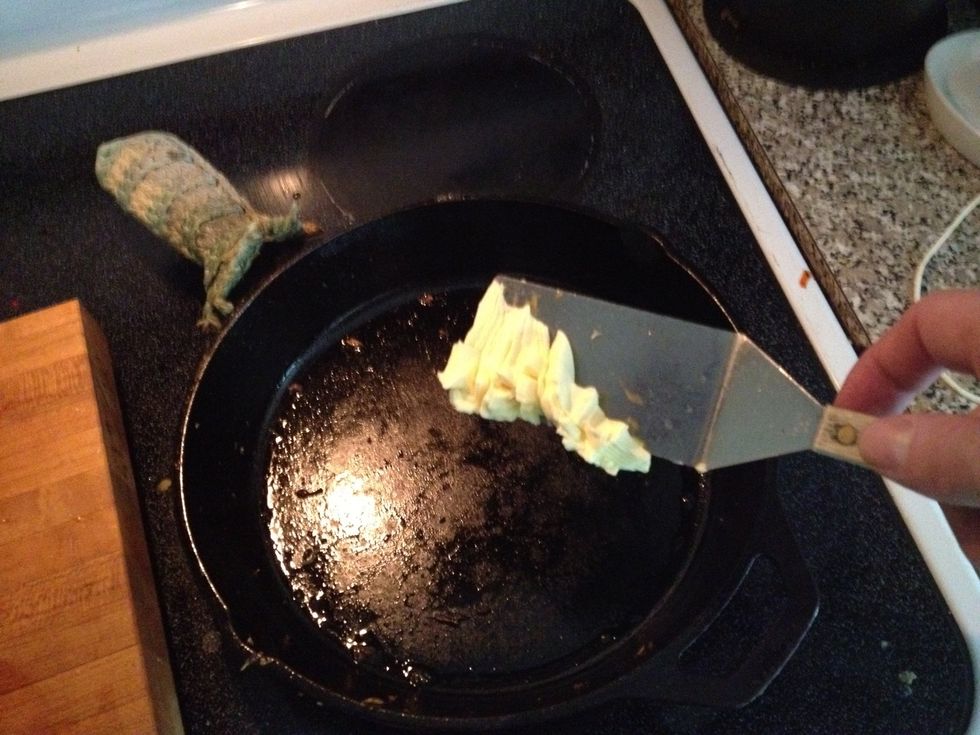 Heat pan over Medium-Low heat  Add butter to keep things from sticking
