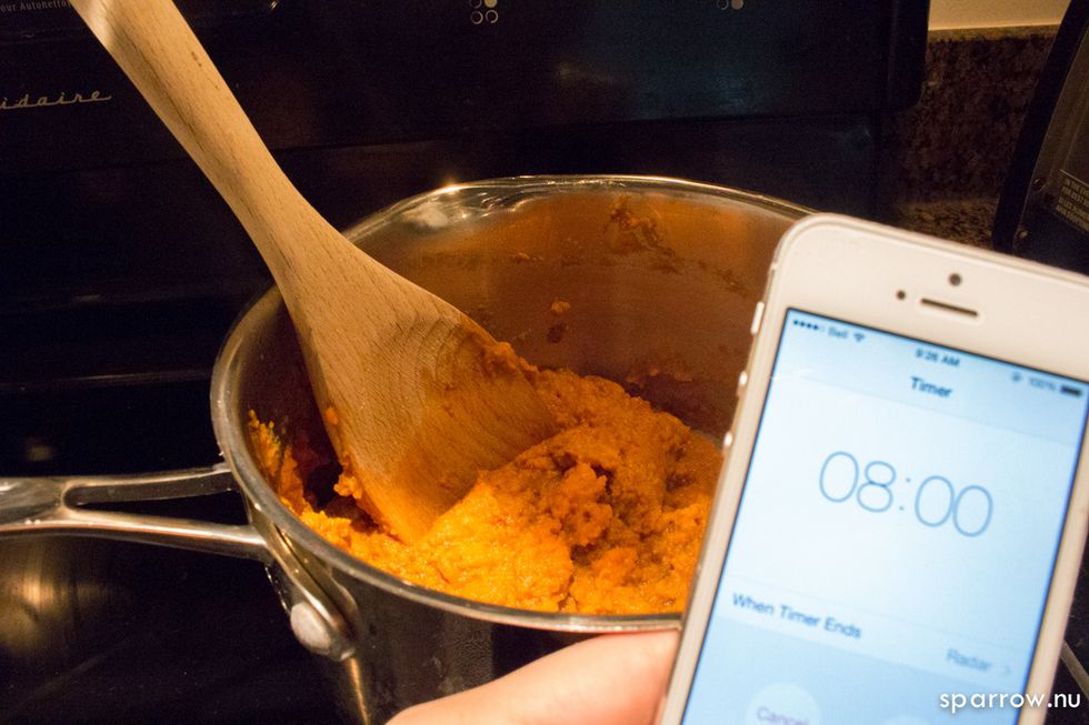 Heat pumpkin puree and spices (cinnamon, cloves and nutmeg) over medium heat for 8-10 minutes. Stir frequently. Heating takes away the "canny" taste of the pumpkin puree.