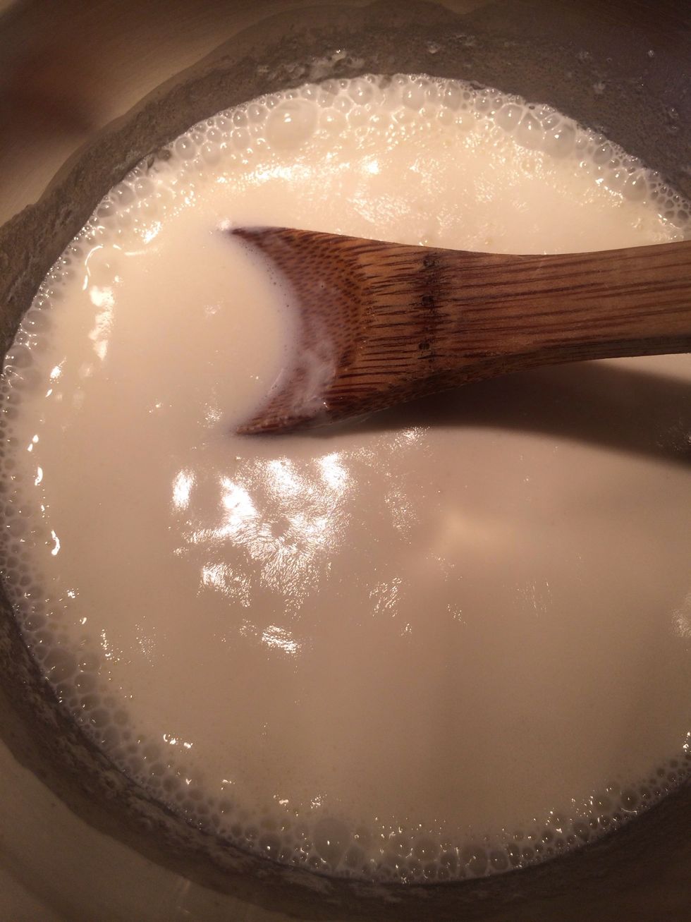 Heat the cream just until the point of boiling. Turn off the heat. At this point add tea ball or even loose tea leaves. Let steep 5 min. After the eggs are add we are going to strain the custard.