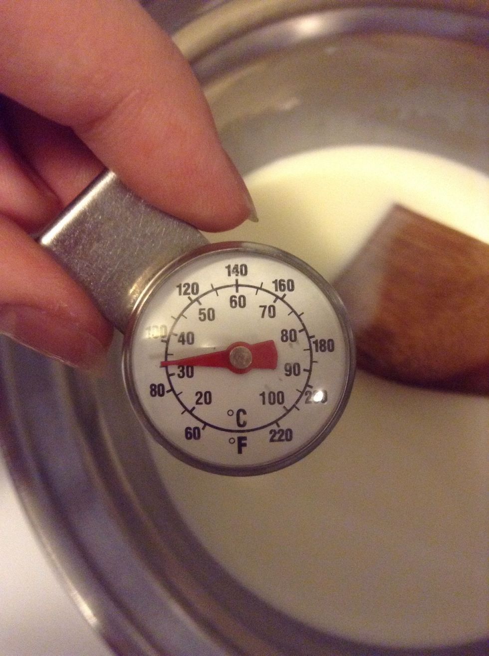Heat the cream to about 35~40 degrees Celsius and turn off the heat. If you don't have a thermometer, simply test it with your finger and see if it feels hotter than your body temperature.