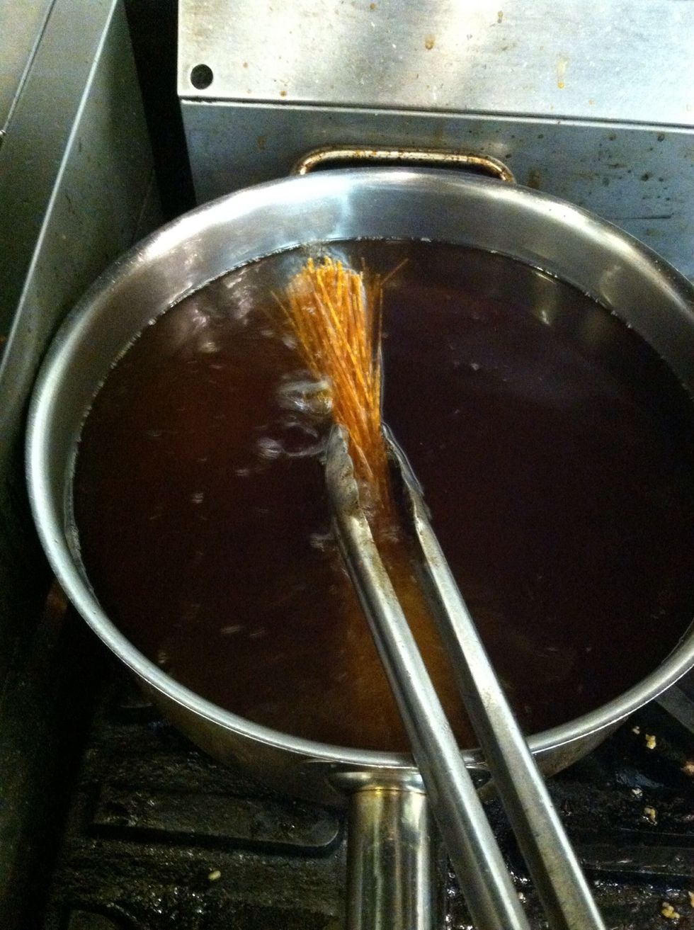 Heat the lobster oil up to 275* Place the pasta in the oil. If it starts frying take it out you don't want it to bubble to much.