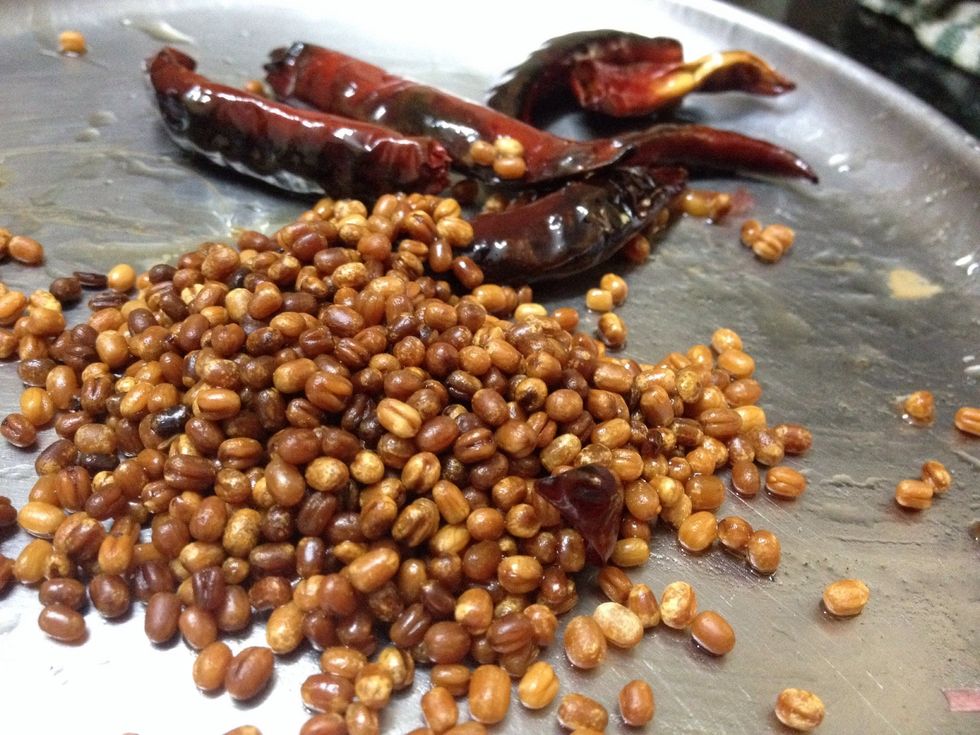Heat the oil and Saut\u00e9 coriander seeds and dried red chilli