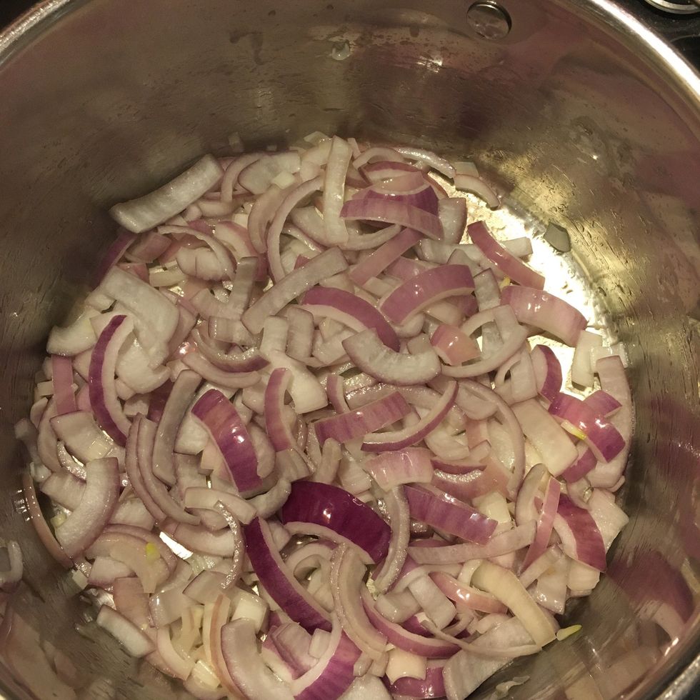 Heat the oil in a large pot on Medium/Medium high. Add the onions and cook until translucent.
