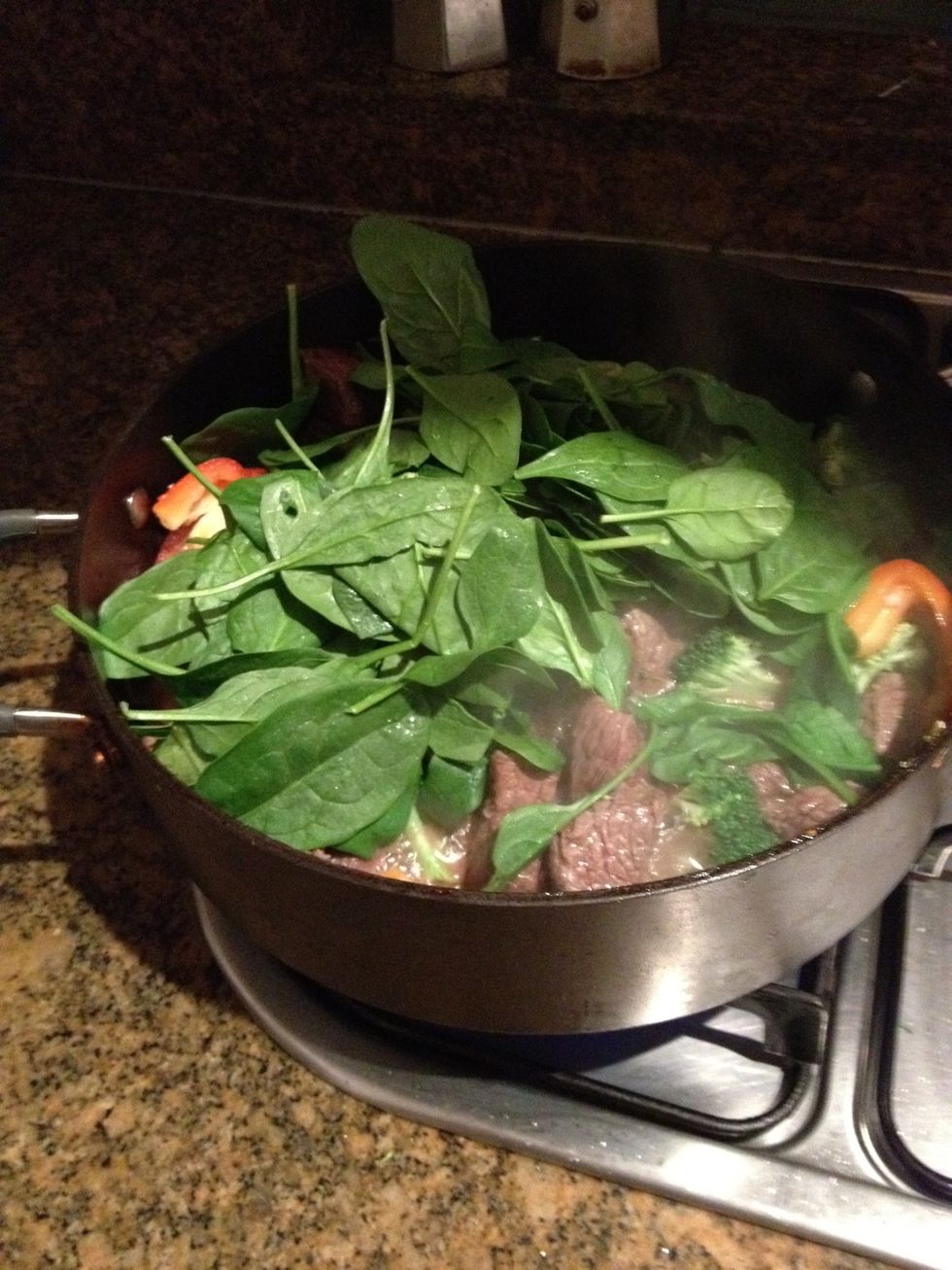 Heat the pan Add olive oil or butter, fry for 2 minutes Add half of the garlic and chilli, fry for 1 minute Add the beef, fry for 5-7 minutes depending on the thickness of the beef Add all the veggies