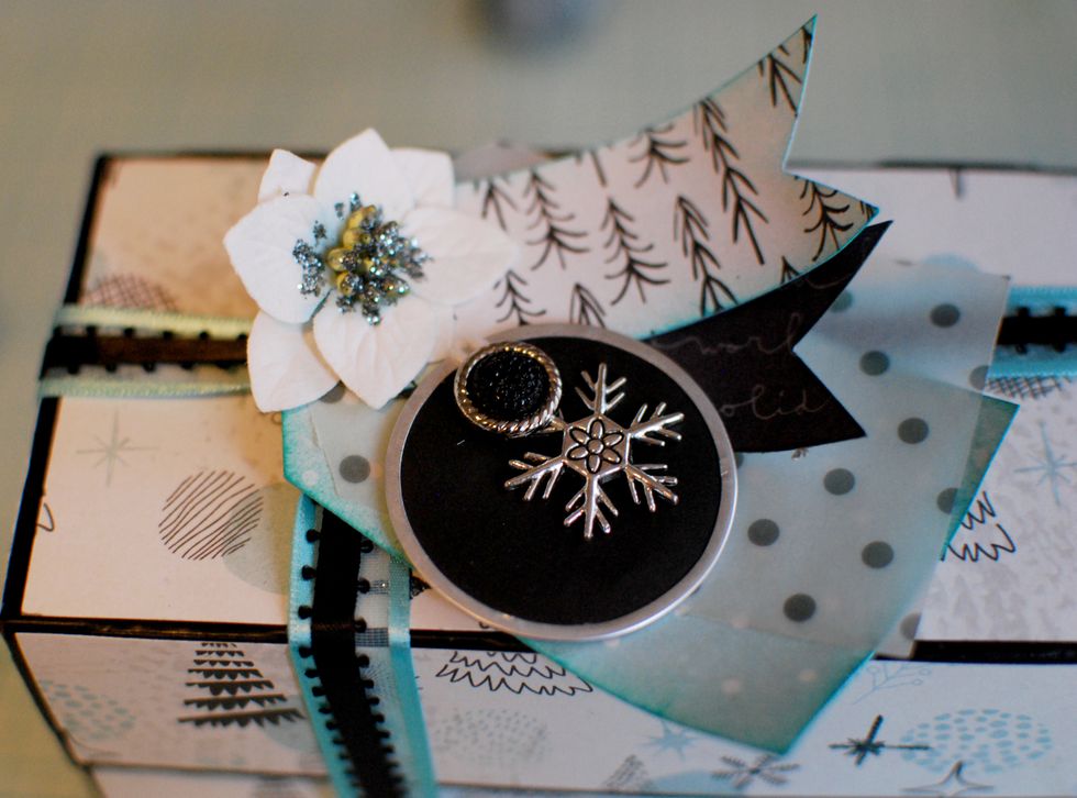 Heat up the Hot Glue. With the brad, secure the charm to the round tag. With the tag string, tie it through the holes of the paper tag and flags. Keep space when tying, so the round tag hangs lower.