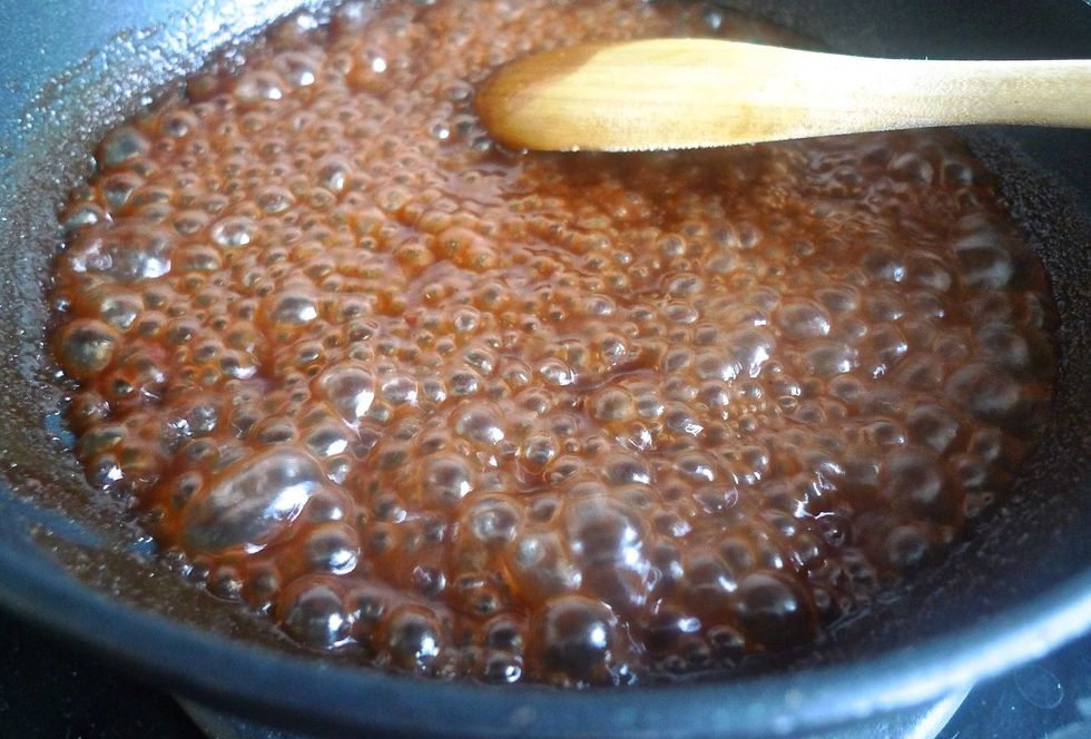 Heat up the remaining marinated sauce over low heat. Do stir constantly and cook until sauce is a bit thicken. This takes about 5 minutes. This is the barbecue sauce (Char Siew sauce).