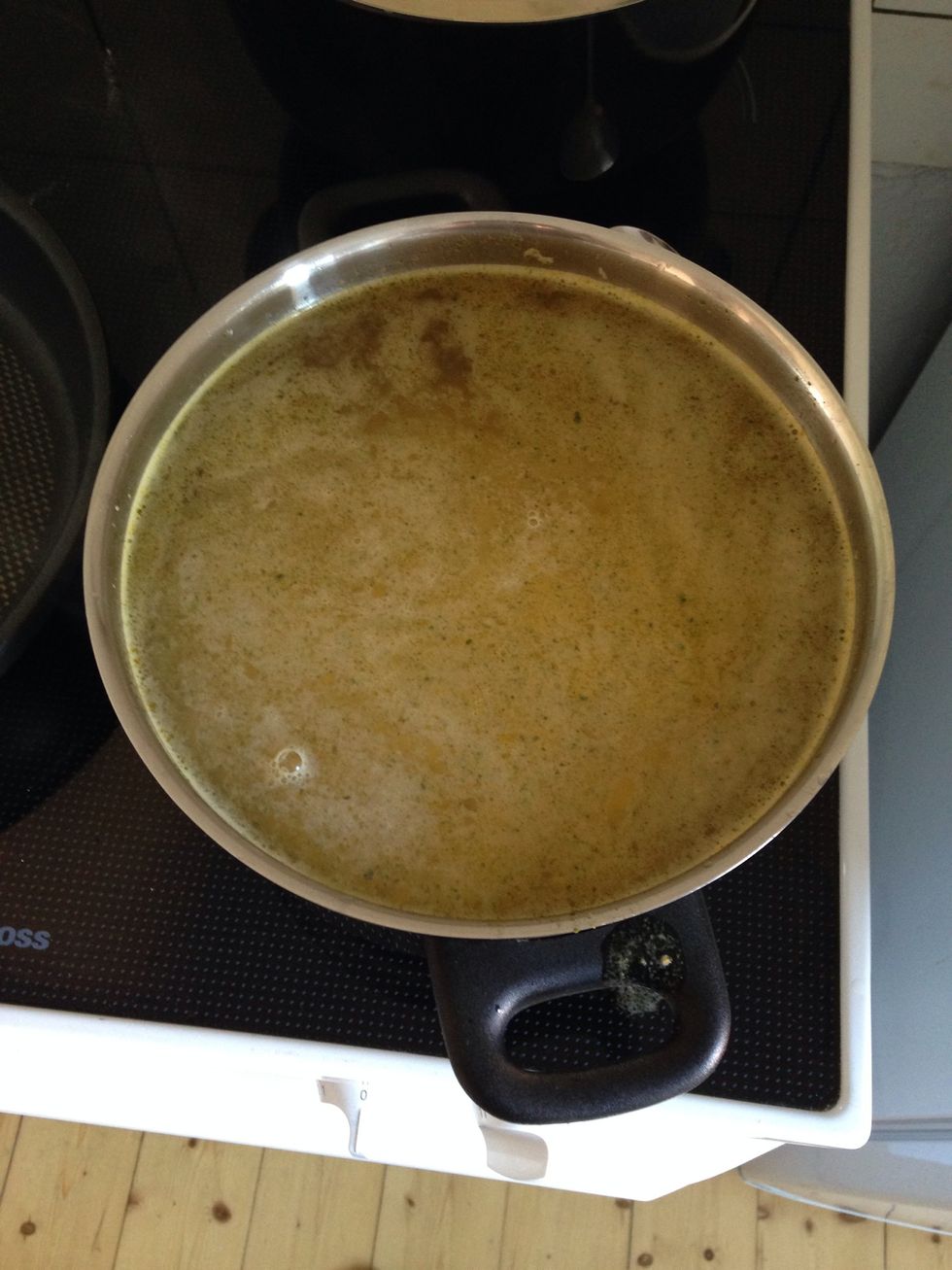 Heat up the stock and add the diced potatoes. Cook for about 15 minutes or until the potato dices are tender.