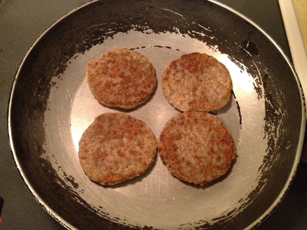 Heat up your first skillet to medium high. I followed the cooking directions on the packet which said to cook the sausage for 2 1/2 minutes on both sides. I left it on a little longer.