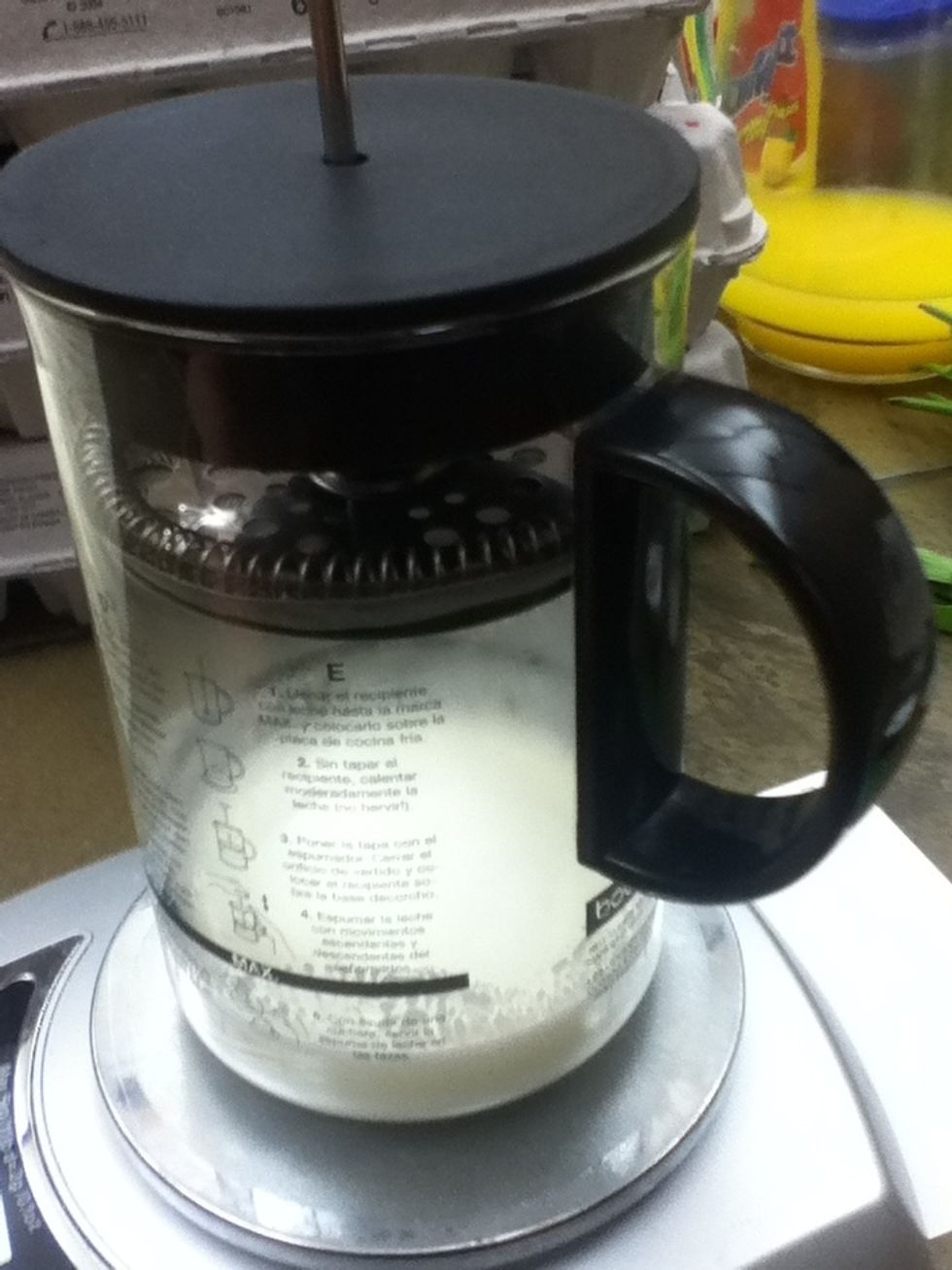 Heat whatever amount of milk needed on hot plate, or use frother! Another way of doing it is putting it on the stove and whisking it. Although I use my bodum frother, it works great and is way cheaper