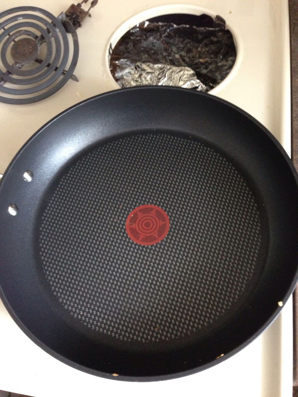 Heat your non-stick pan between medium and medium-low. (You can use butter if you'd like, although it's more for flavour than anything else)