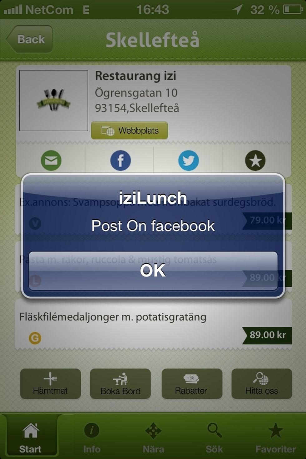 Hela sk\u00e4rmen, med meny och valda funktioner, kan postas som en bild till b\u00e5de Facebook och Twitter. Aktivera Facebook och Twitter p\u00e5 Start och Index.