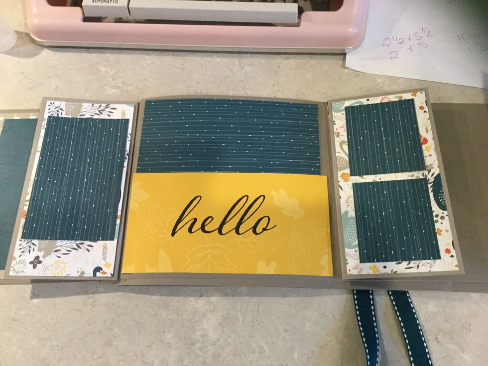 Hello Card- 5 3/4 X 3!  Swan floral print-cut 2 - 2 3/4 X 5 1/2.  Blue print under hello pocket - 5 1/2 X 3.  Mats- 2 X 2 1/4- cut 2, 2 1/2 x4,