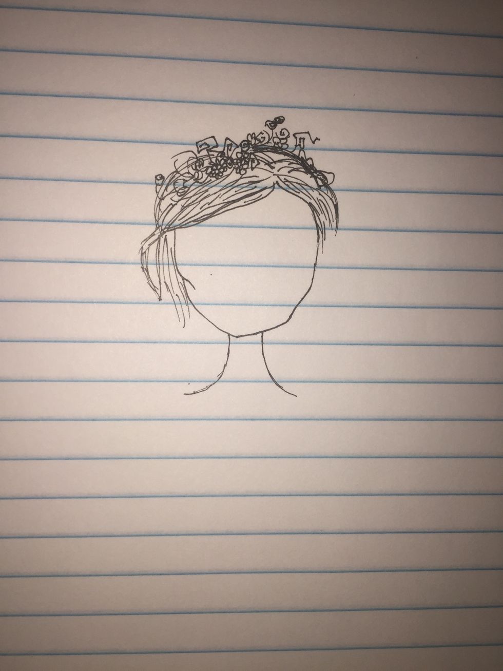 Her flower crown is basically made up of wilted petals and swirls, so draw that in a half-circle like a headband, and add in bangs. Continue the hair in tangled curls.
