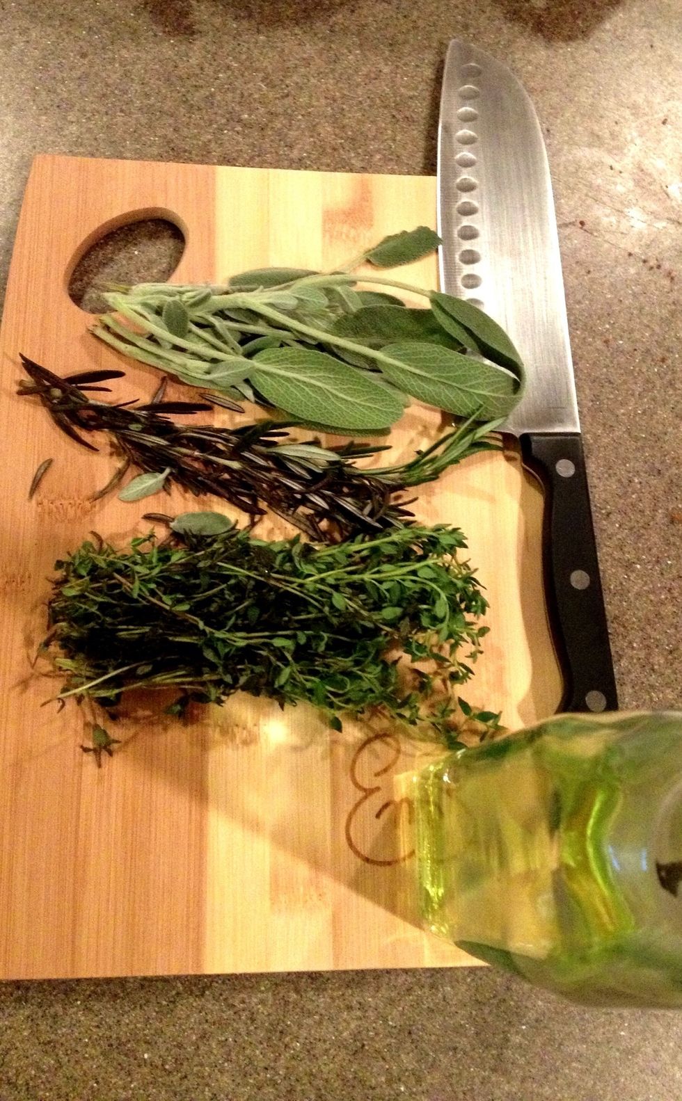 Herbs: strip the leaves from the rosemary & thyme; pull the stems off the sage. Rough chop into teeny pieces.