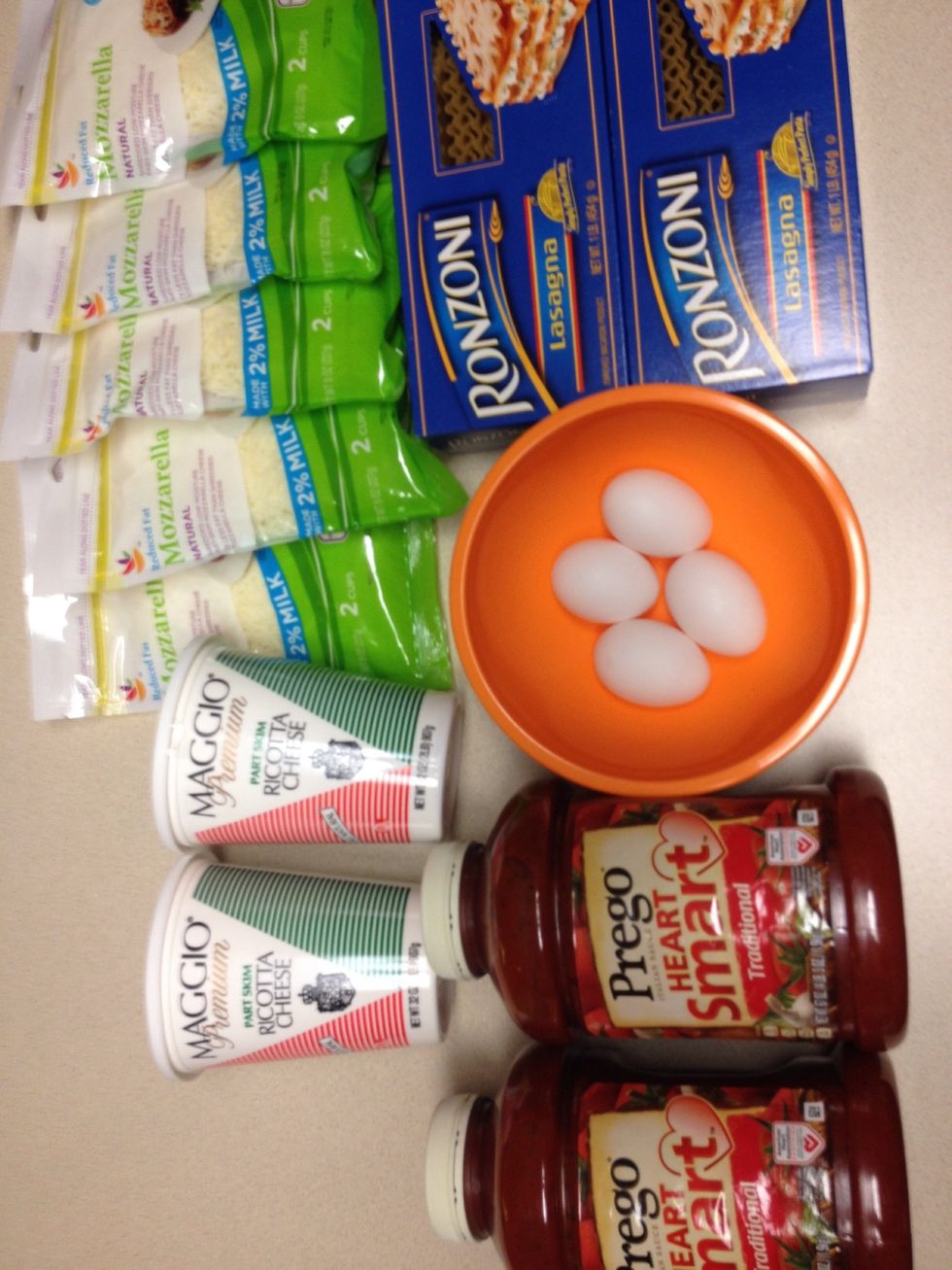 Here are all of the ingredients (I made two lasagnas so this is double what the supply list says)! Preheat oven to 425 F