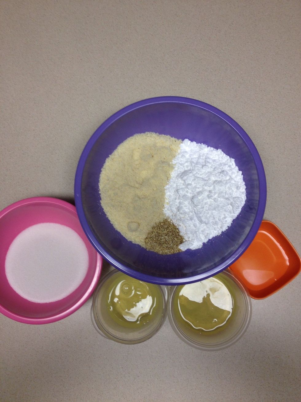 Here are all of the ingredients.  The egg whites should be separated into two containers, each containing 50 grams of egg