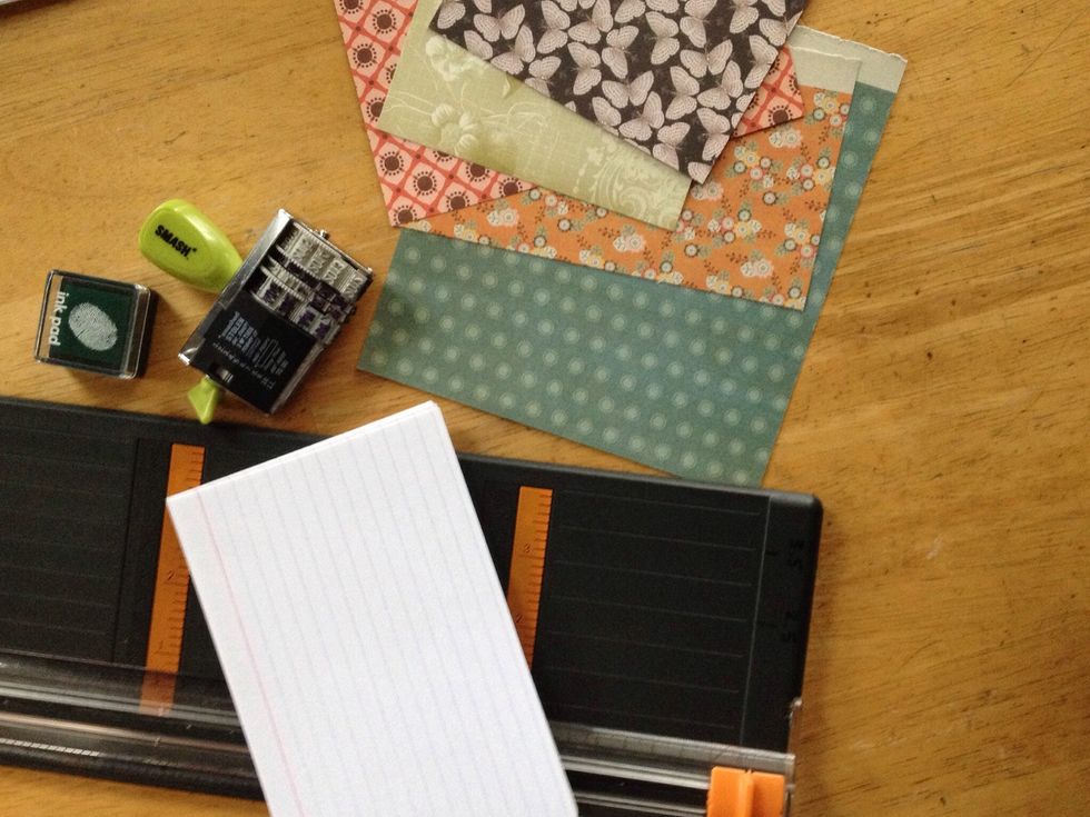Here are all the supplies you need: index cards, paper cutter, card stock, date stamp and stamp ink pad.