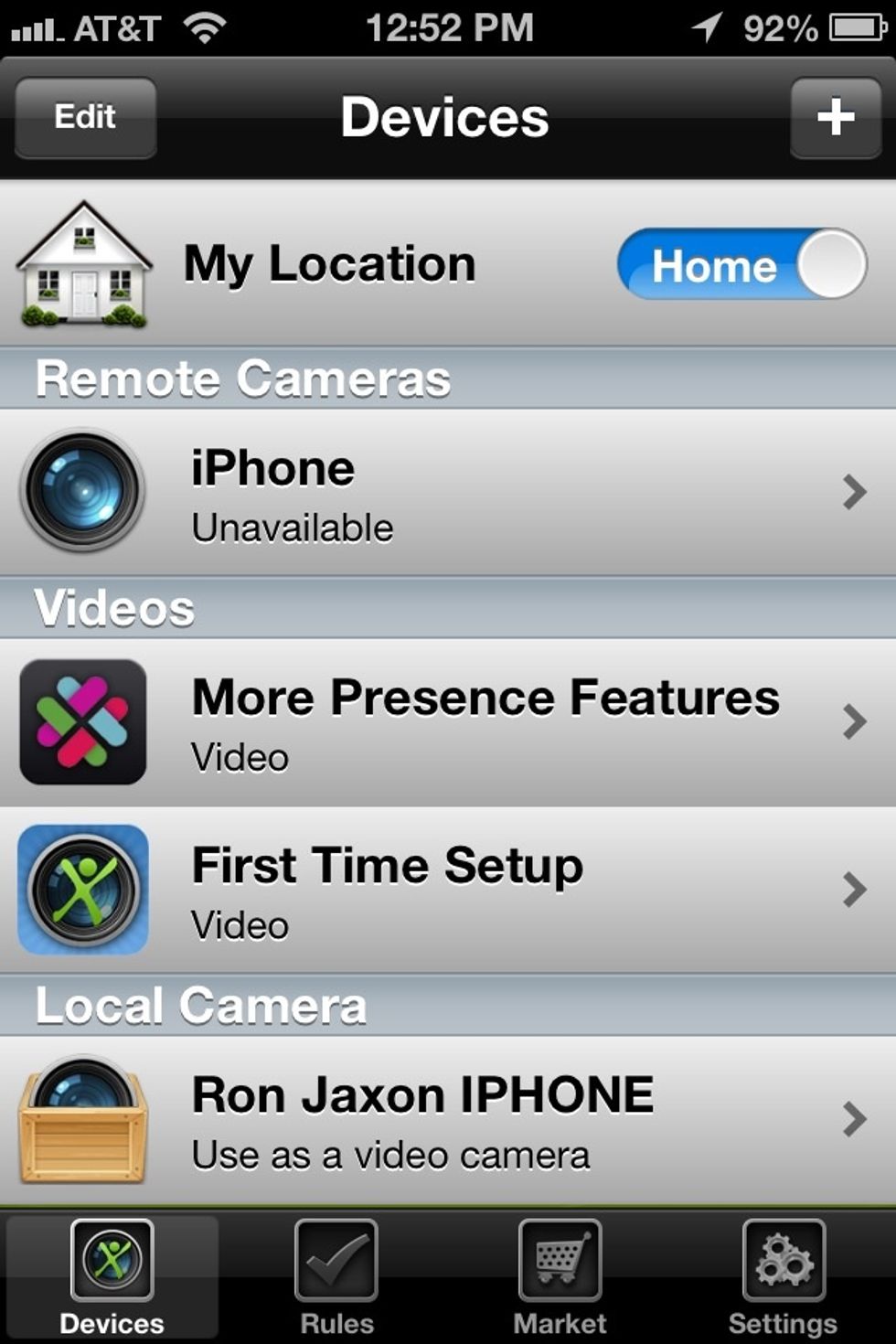 Here are my devices I have registered. I'm using my iPhone 4 and my old iPhone 3GS. Set the device you want to use as a security cam to "Home".