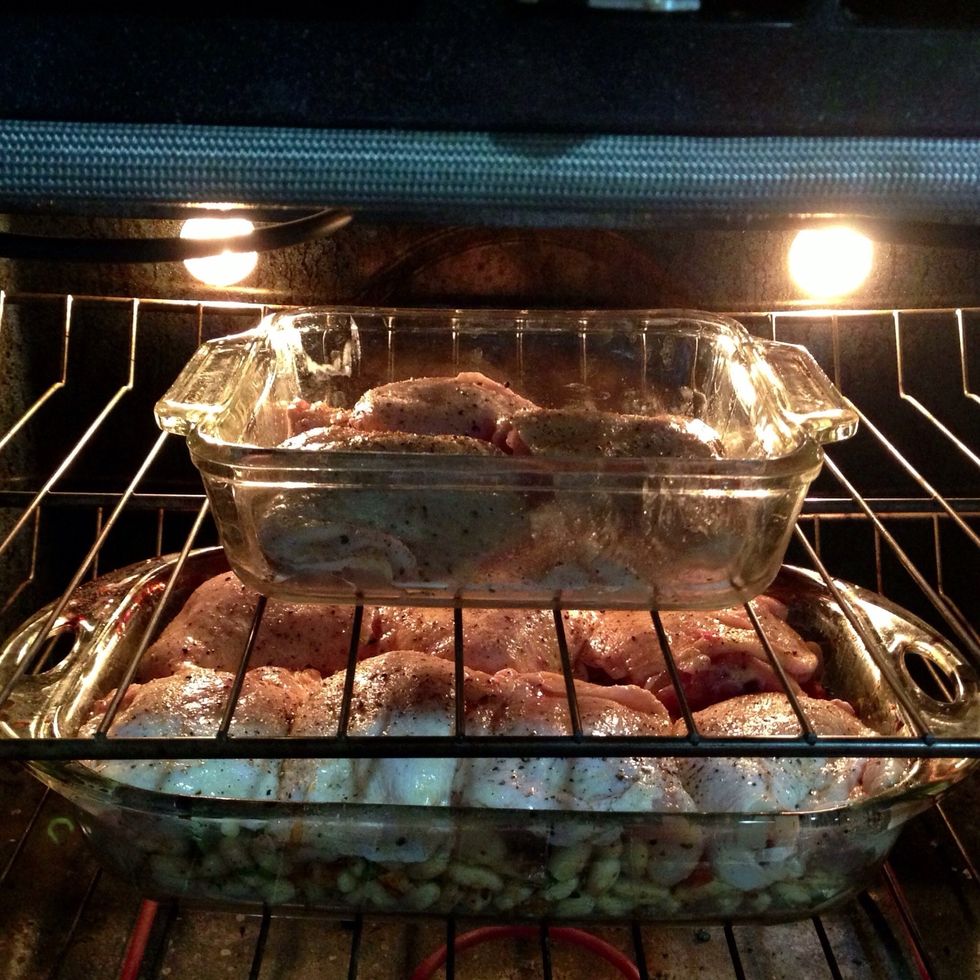 Here are my extras! Dishes go in uncovered, for appx 35 minutes, in a 425* (f) oven. Thighs are done when juices run clear if you pierce the thickest part of the biggest one.