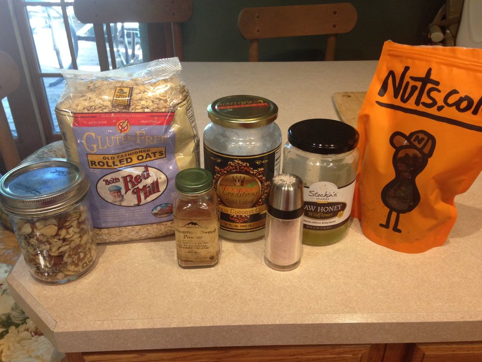 Here are some supplies you will need for your granola. You can vary the items to your liking for example change the almonds for cashews or the cranberries for raisins and so forth.